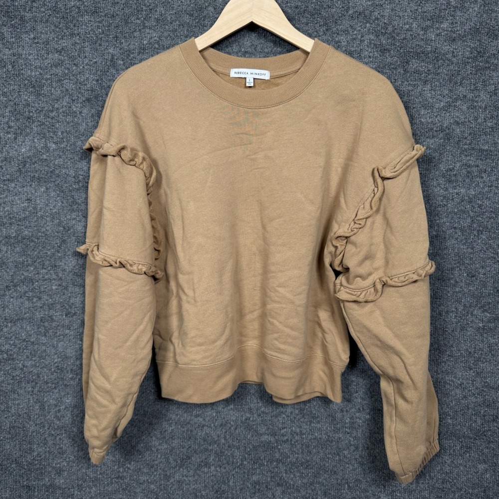 Rebecca‎ Minkoff Womens Size Large Ruffled Sleeves Sweater Tan Cotton Crew Neck